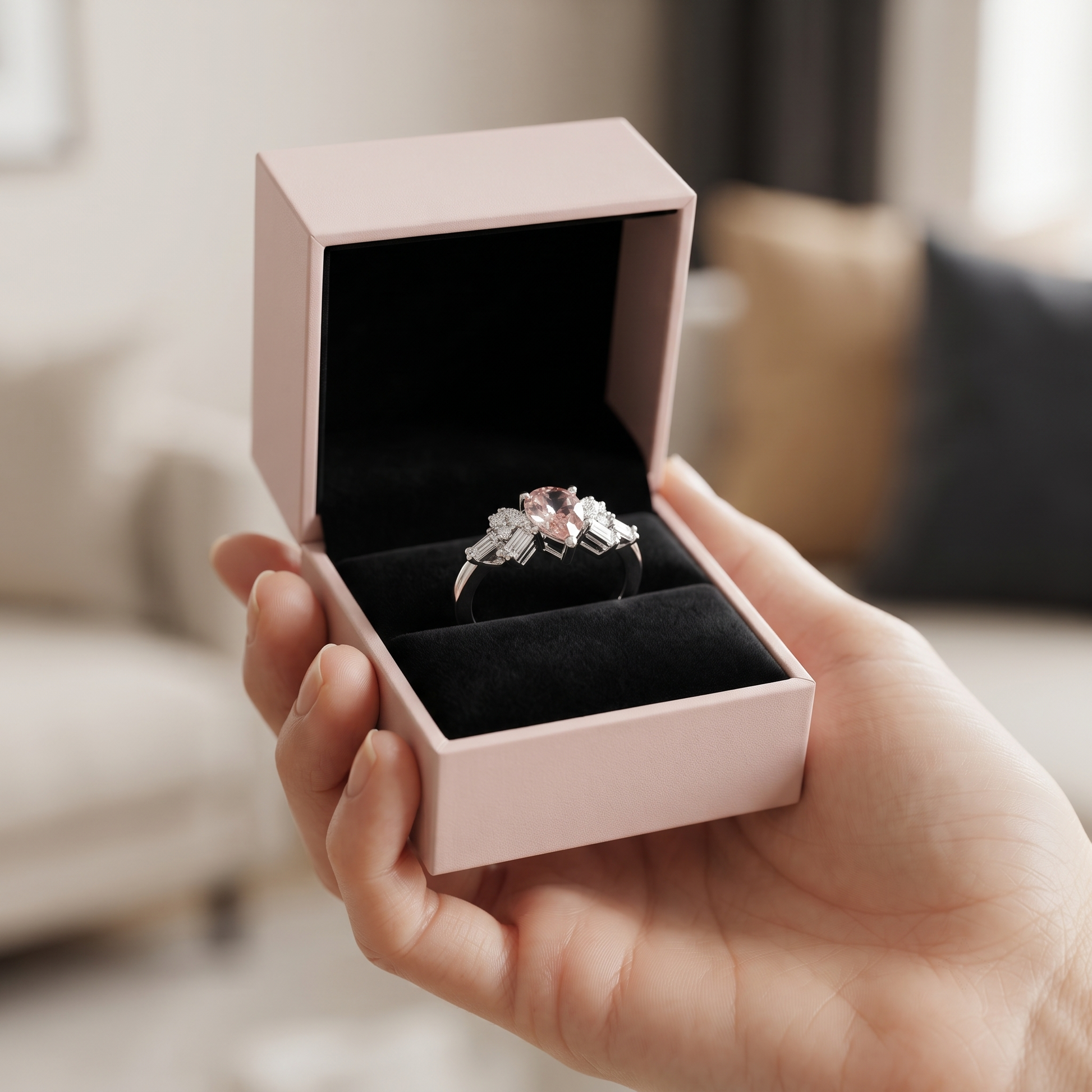 Silvme Art Deco Pear Pink 925 sterling silver ring for women set with cubic zirconia — angled view