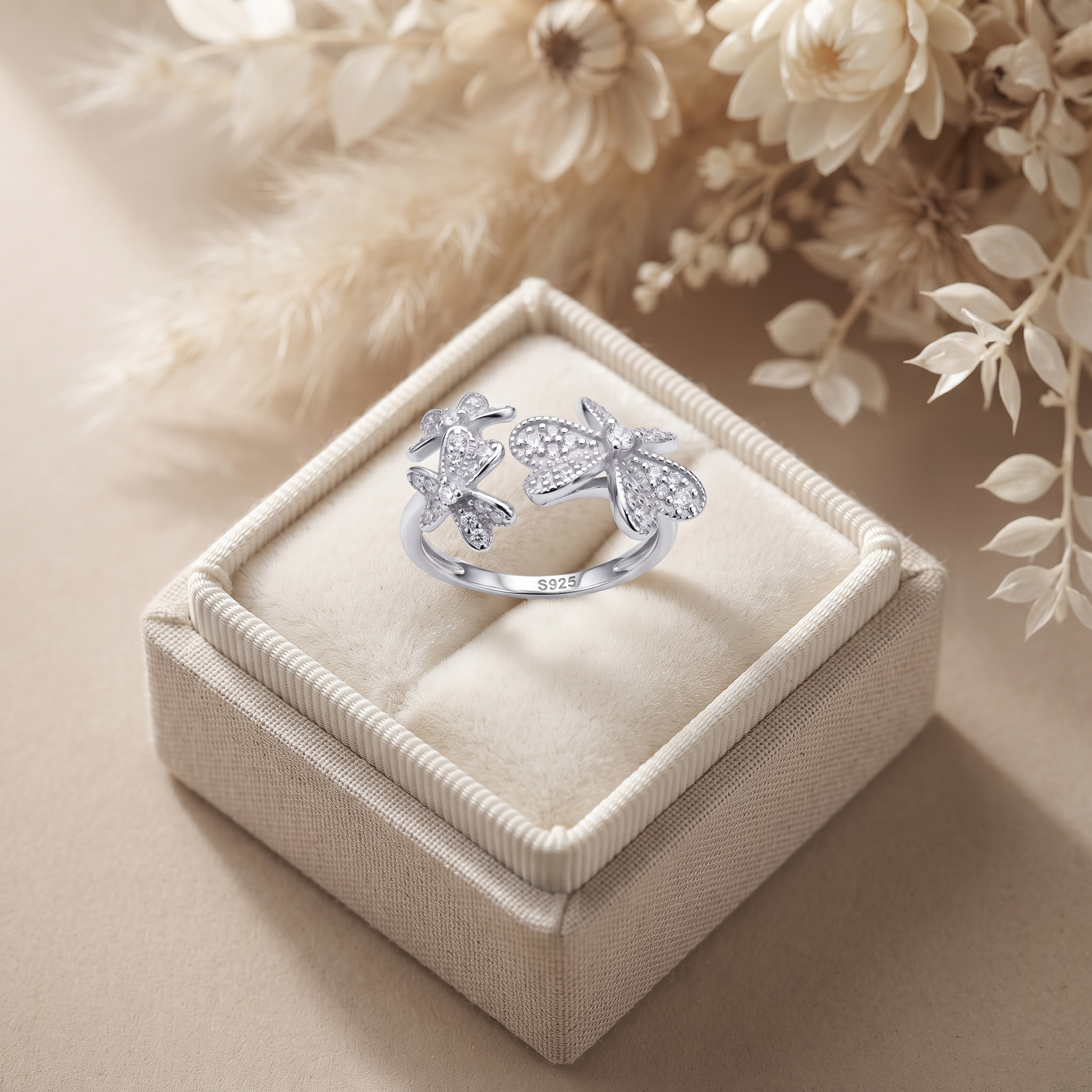 Silvme Butterfly Garden Open 925 sterling silver ring for women set with cubic zirconia — worn on the finger