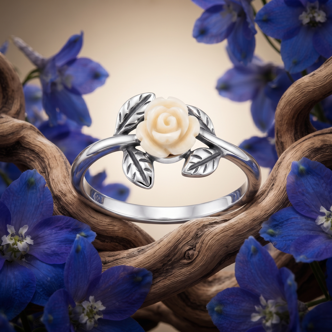 Silvme Carved Rose Botanical 925 sterling silver ring for women — front view on white background