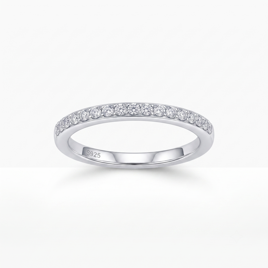 Silvme Clear CZ Half-Eternity 925 sterling silver ring for women set with cubic zirconia — front view on white background