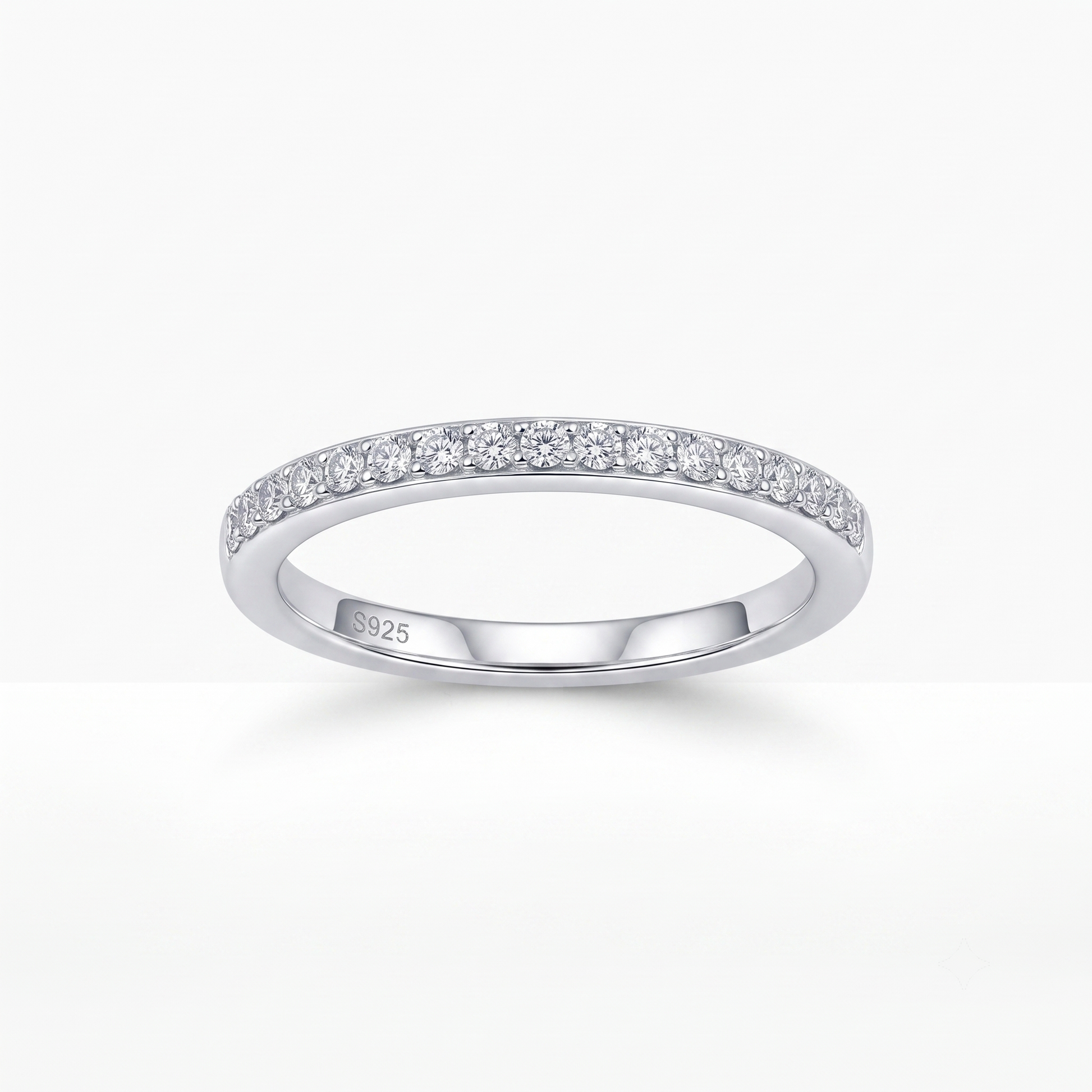 Silvme Clear CZ Half-Eternity 925 sterling silver ring for women set with cubic zirconia — front view on white background