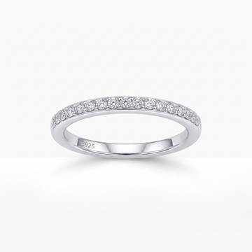 Silvme Clear CZ Half-Eternity 925 sterling silver ring for women set with cubic zirconia — front view on white background
