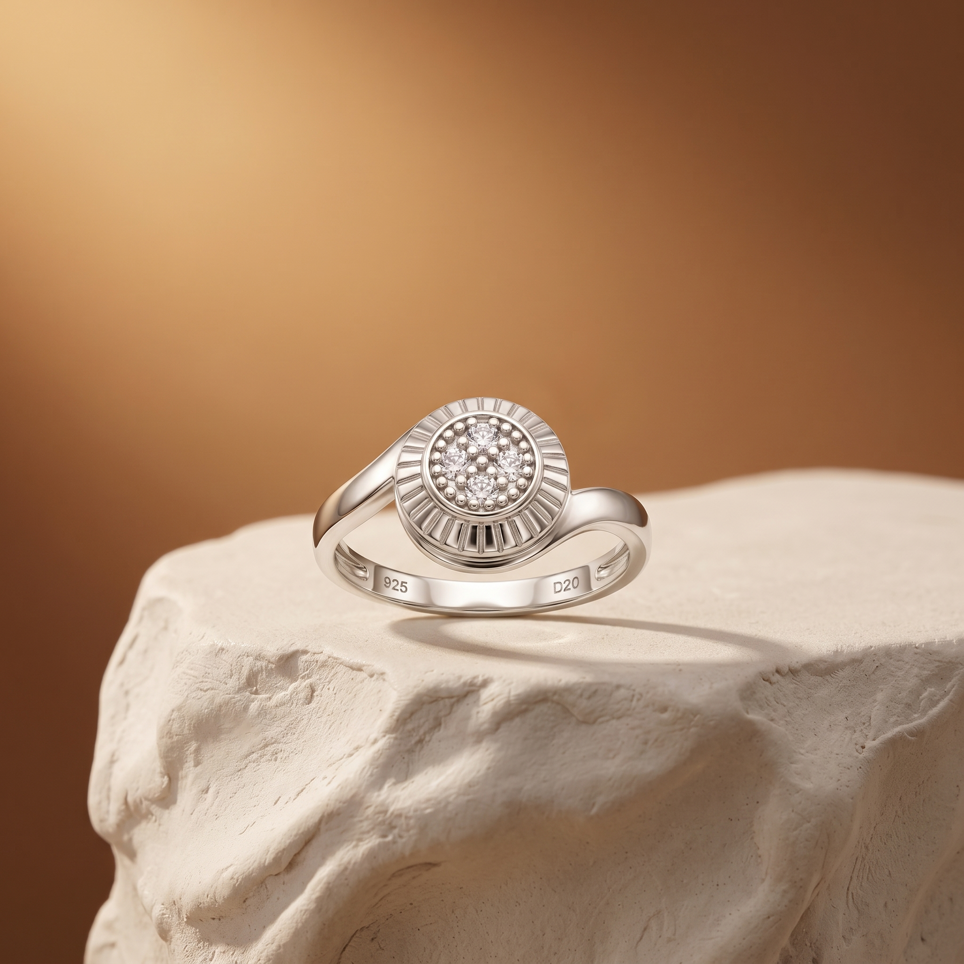 Silvme Sunburst Medallion Cluster 925 sterling silver ring for women set with cubic zirconia — macro close-up