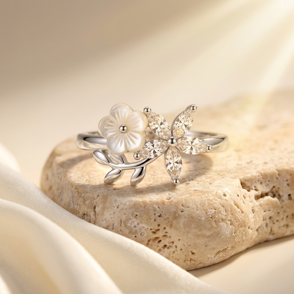 Silvme Pearlescent Twin Blossom 925 sterling silver ring for women with a pearl-effect accent — angled view