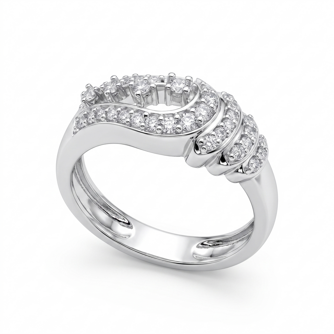 Silvme Pavé Feather Plume 925 sterling silver ring for women set with cubic zirconia — front view on white background