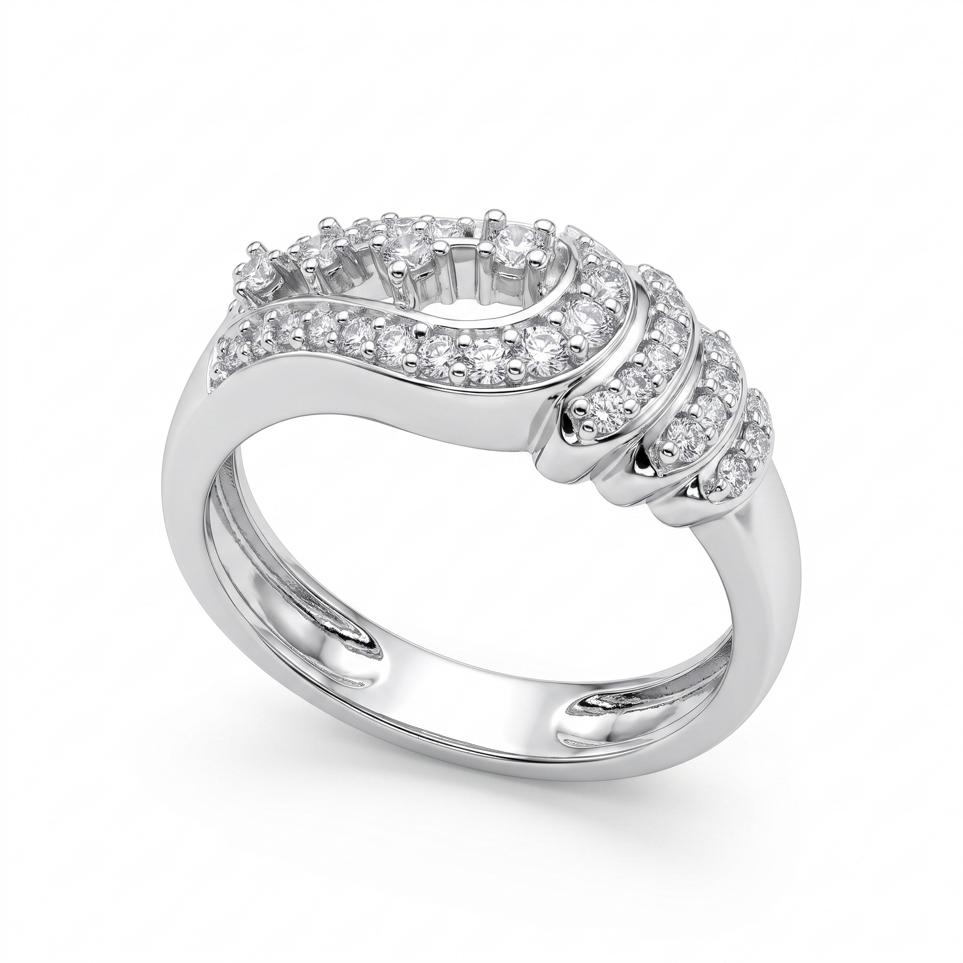Silvme Pavé Feather Plume 925 sterling silver ring for women set with cubic zirconia — front view on white background