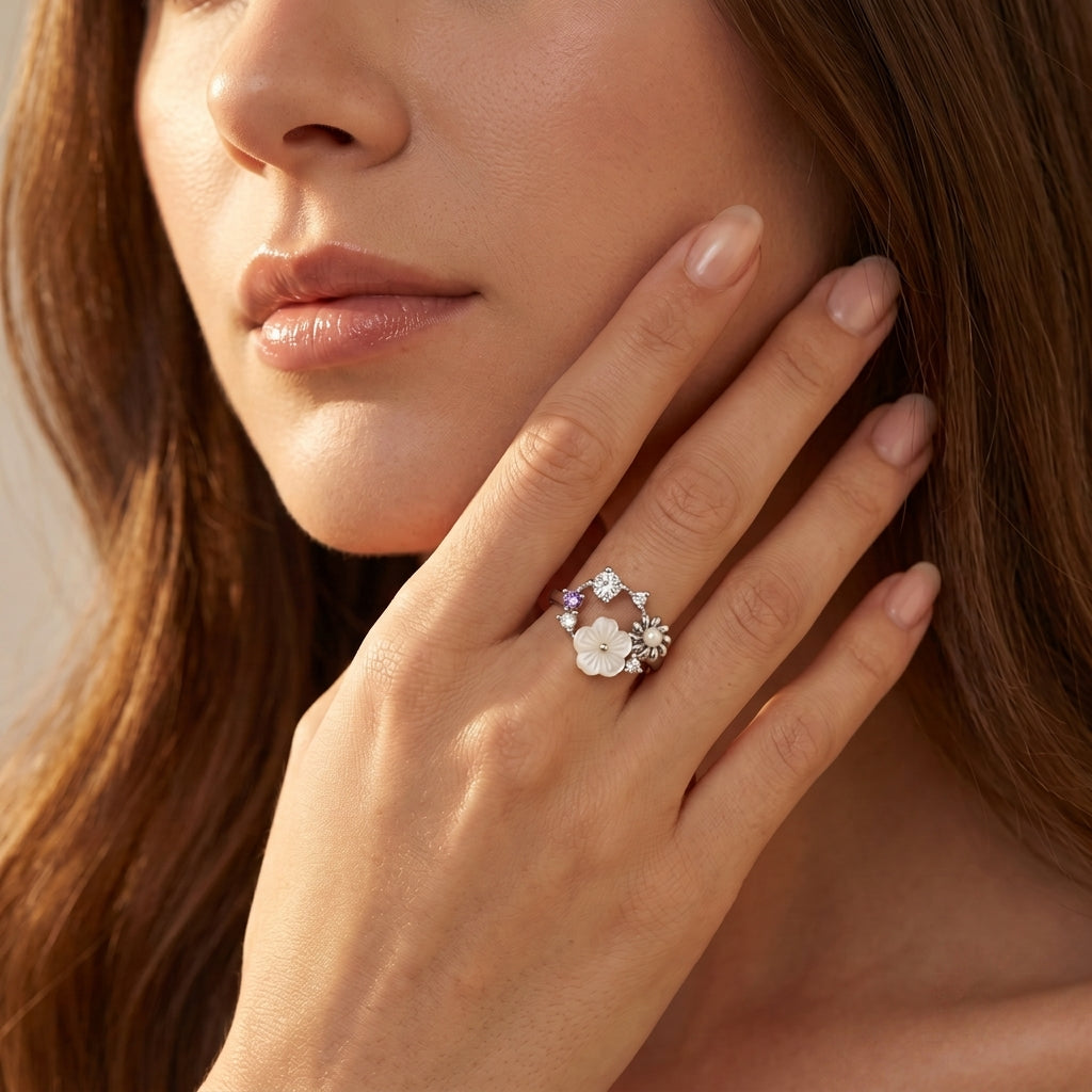 Silvme Pearlescent Garden Wreath 925 sterling silver ring for women with a pearl-effect accent — worn on the finger