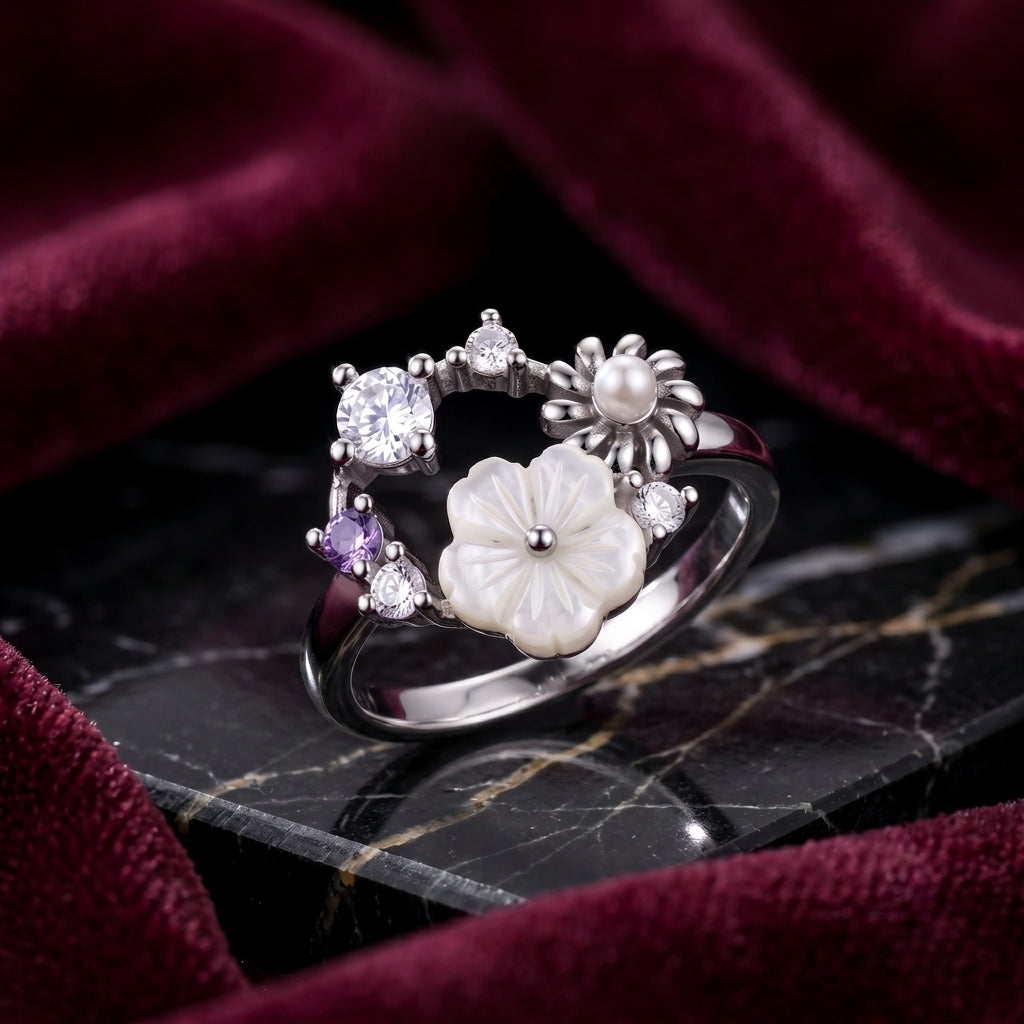 Silvme Pearlescent Garden Wreath 925 sterling silver ring for women — front view on white background