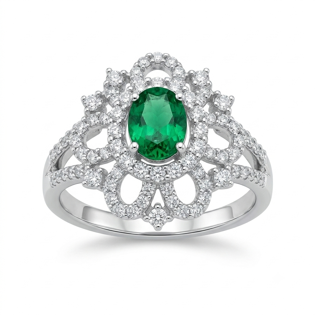 Silvme Green Floral Lace Statement 925 sterling silver ring for women — front view on white background