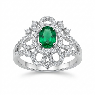 Silvme Green Floral Lace Statement 925 sterling silver ring for women — front view on white background