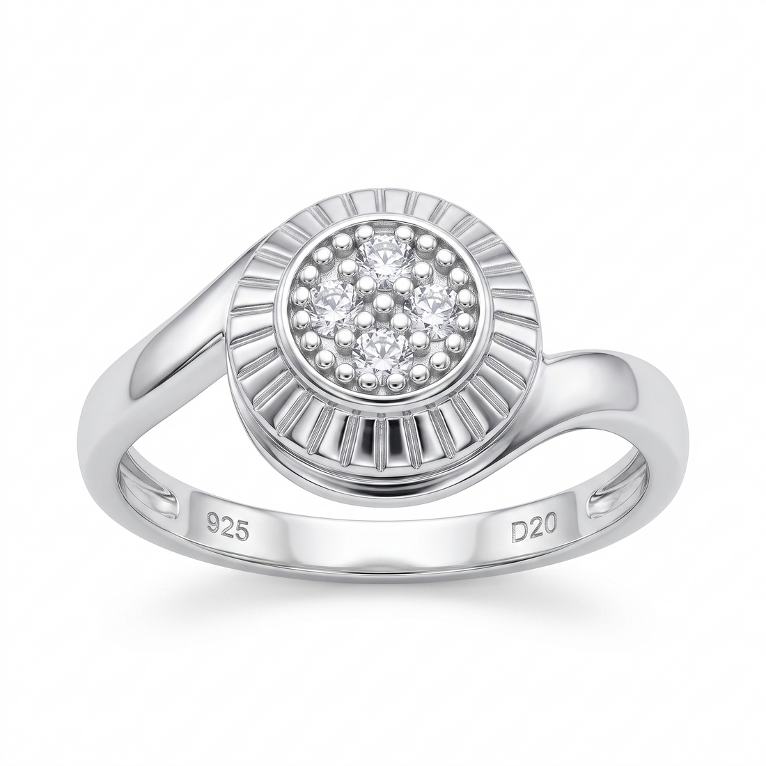 Silvme Sunburst Medallion Cluster 925 sterling silver ring for women set with cubic zirconia — front view on white background