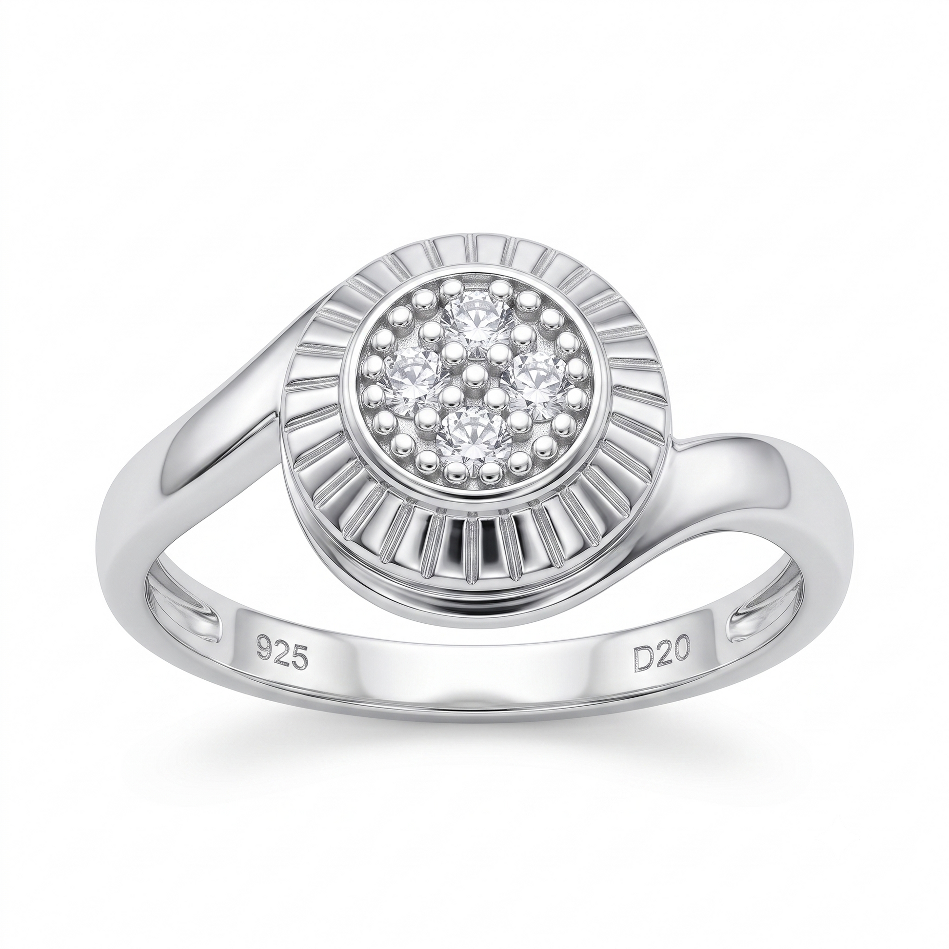 Silvme Sunburst Medallion Cluster 925 sterling silver ring for women set with cubic zirconia — front view on white background