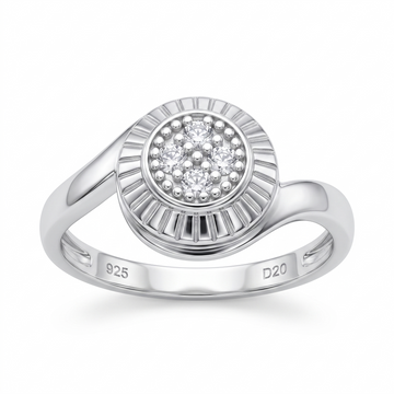 Silvme Sunburst Medallion Cluster 925 sterling silver ring for women set with cubic zirconia — front view on white background