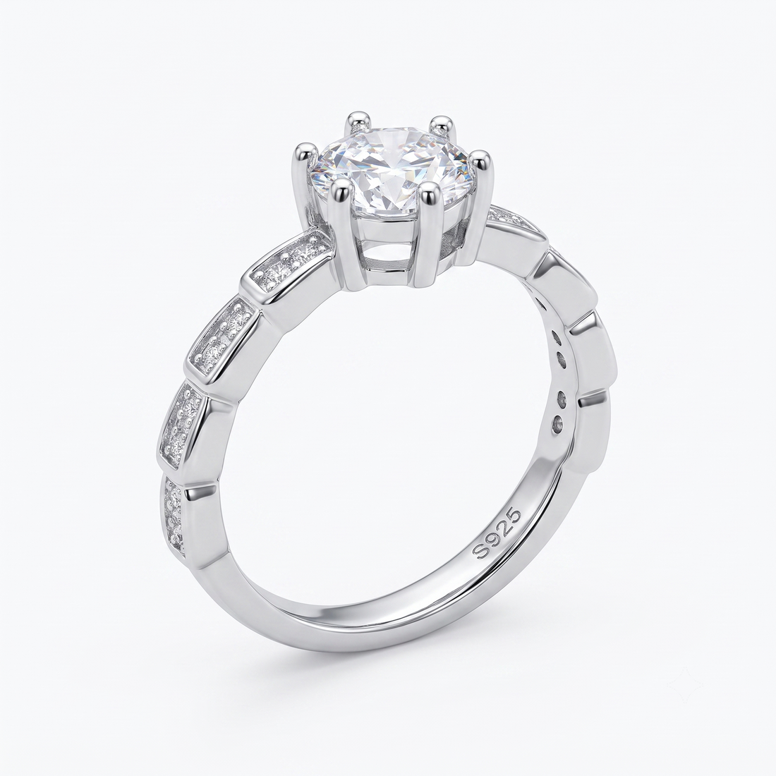 Silvme Six-Prong Geometric Solitaire 925 sterling silver ring for women — front view on white background