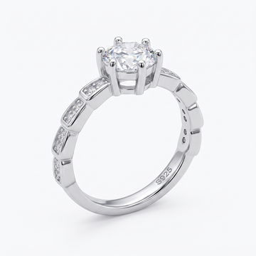 Silvme Six-Prong Geometric Solitaire 925 sterling silver ring for women — front view on white background