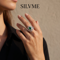 Silvme Green Floral Lace Statement 925 sterling silver ring for women set with cubic zirconia — macro close-up (8)