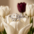 Silvme Pearlescent Twin Blossom 925 sterling silver ring for women with a pearl-effect accent — side profile