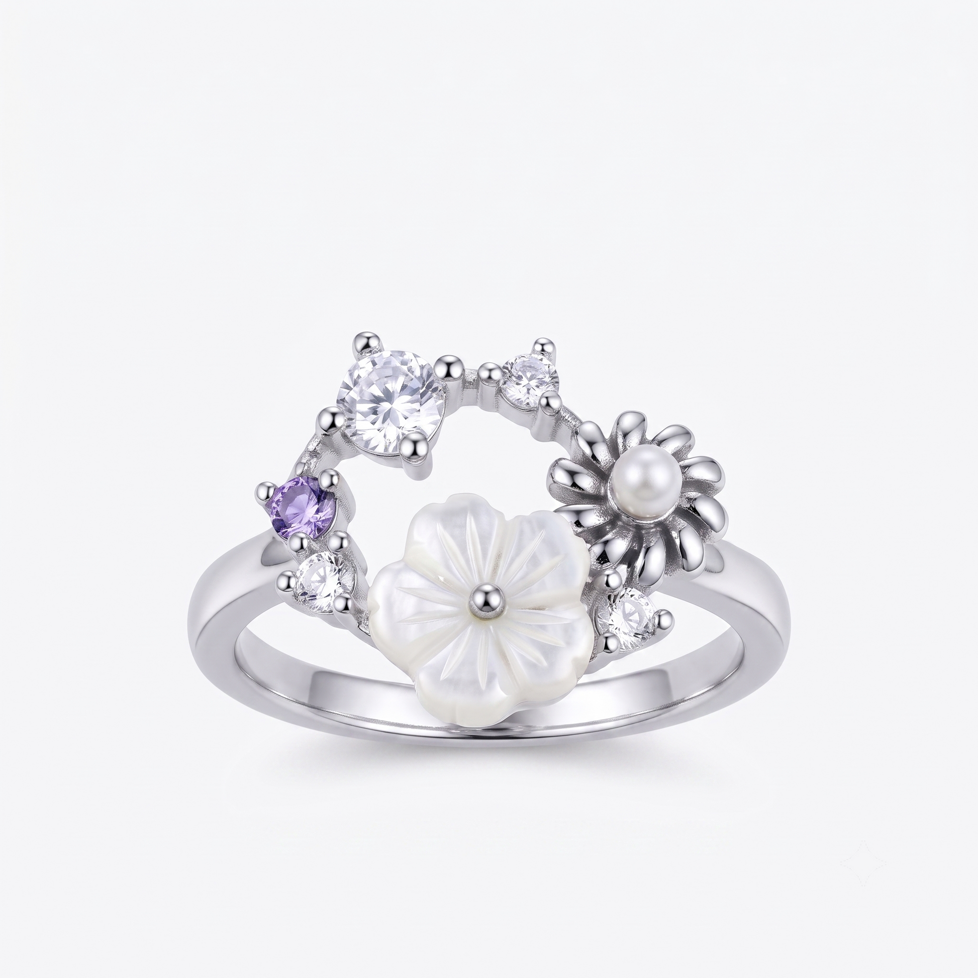 Silvme Pearlescent Garden Wreath 925 sterling silver ring for women — front view on white background