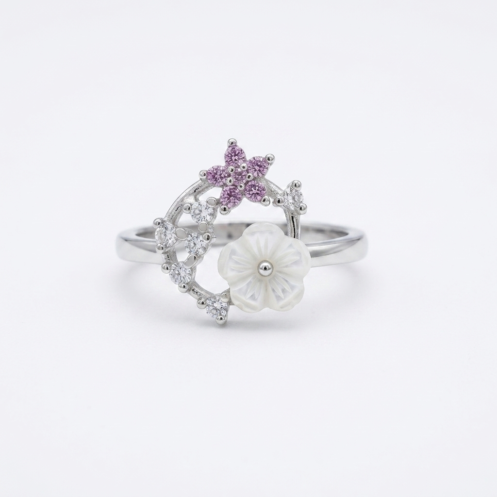 Silvme Butterfly Garden Wreath 925 sterling silver ring for women with a pearl-effect accent — front view on white background