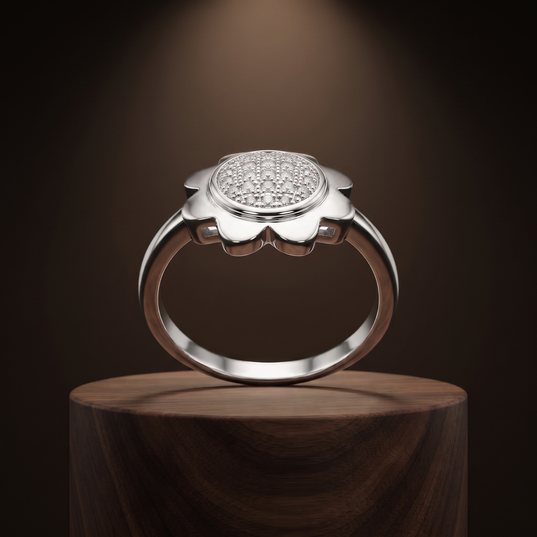 Silvme Dainty Daisy Crystal 925 sterling silver ring for women set with cubic zirconia — front view on white background