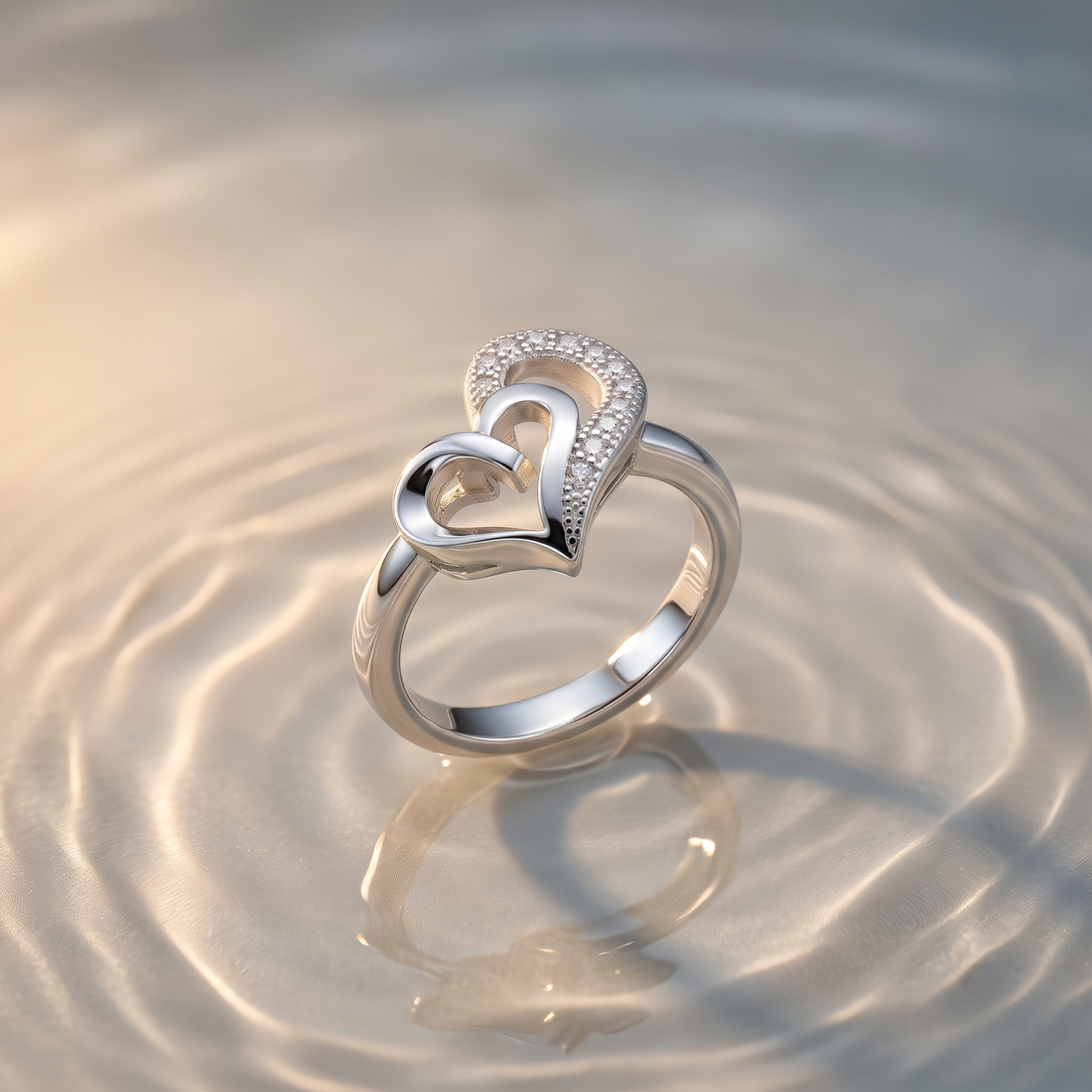 Silvme Intertwined Double Heart 925 sterling silver ring for women set with cubic zirconia — front view on white background