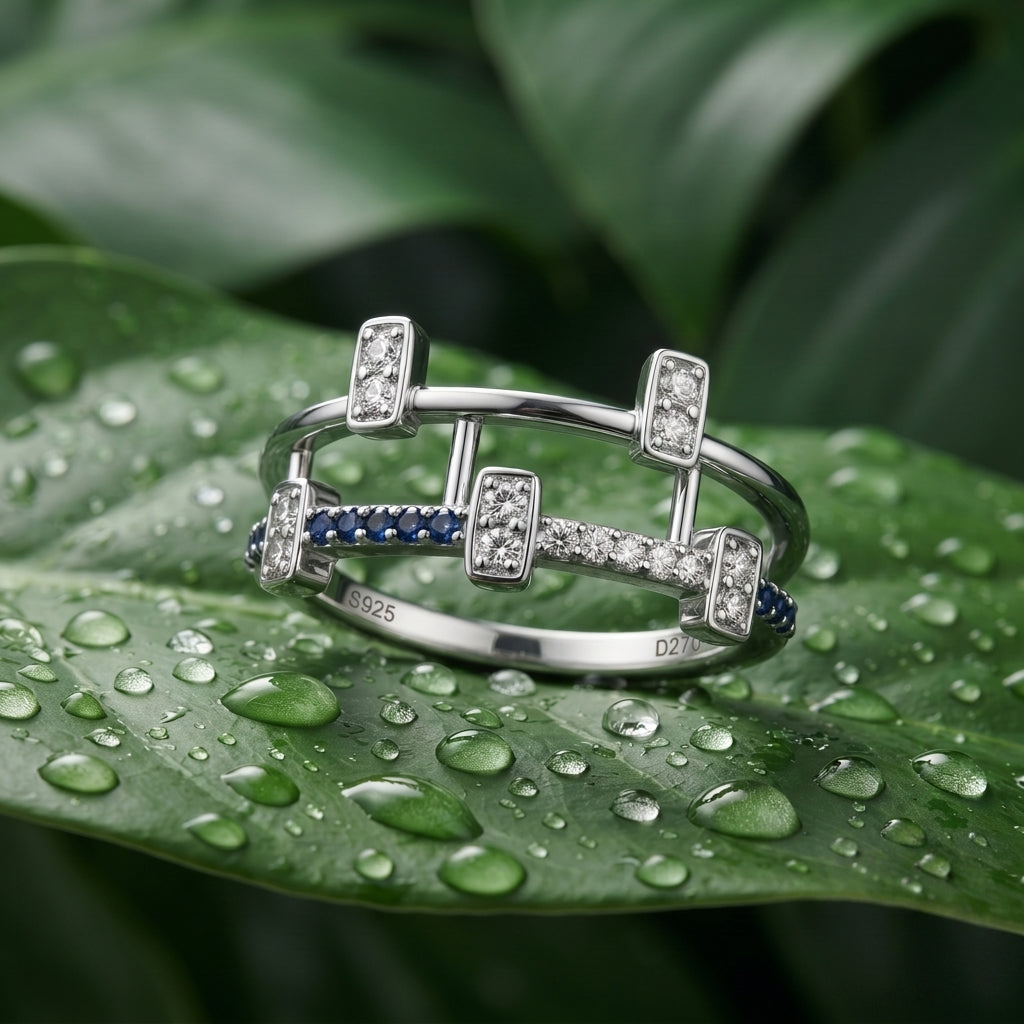 Silvme Blue Architectural Cage 925 sterling silver ring for women set with cubic zirconia — close-up detail