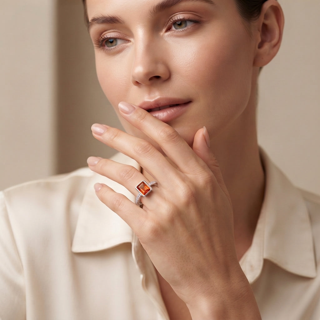 Silvme Emerald-Cut Orange 925 sterling silver ring for women set with cubic zirconia — side profile
