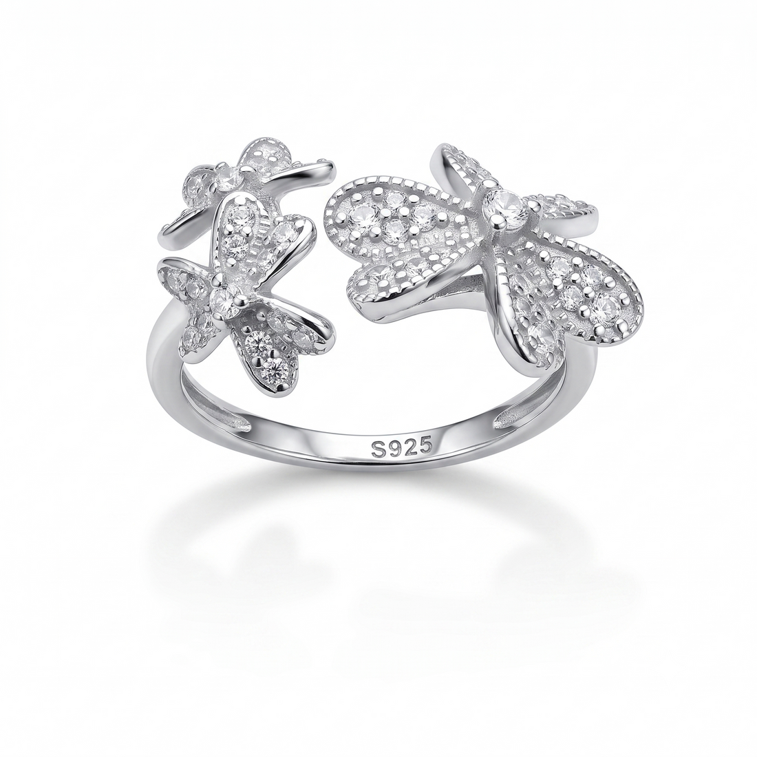 Silvme Butterfly Garden Open 925 sterling silver ring for women set with cubic zirconia — front view on white background