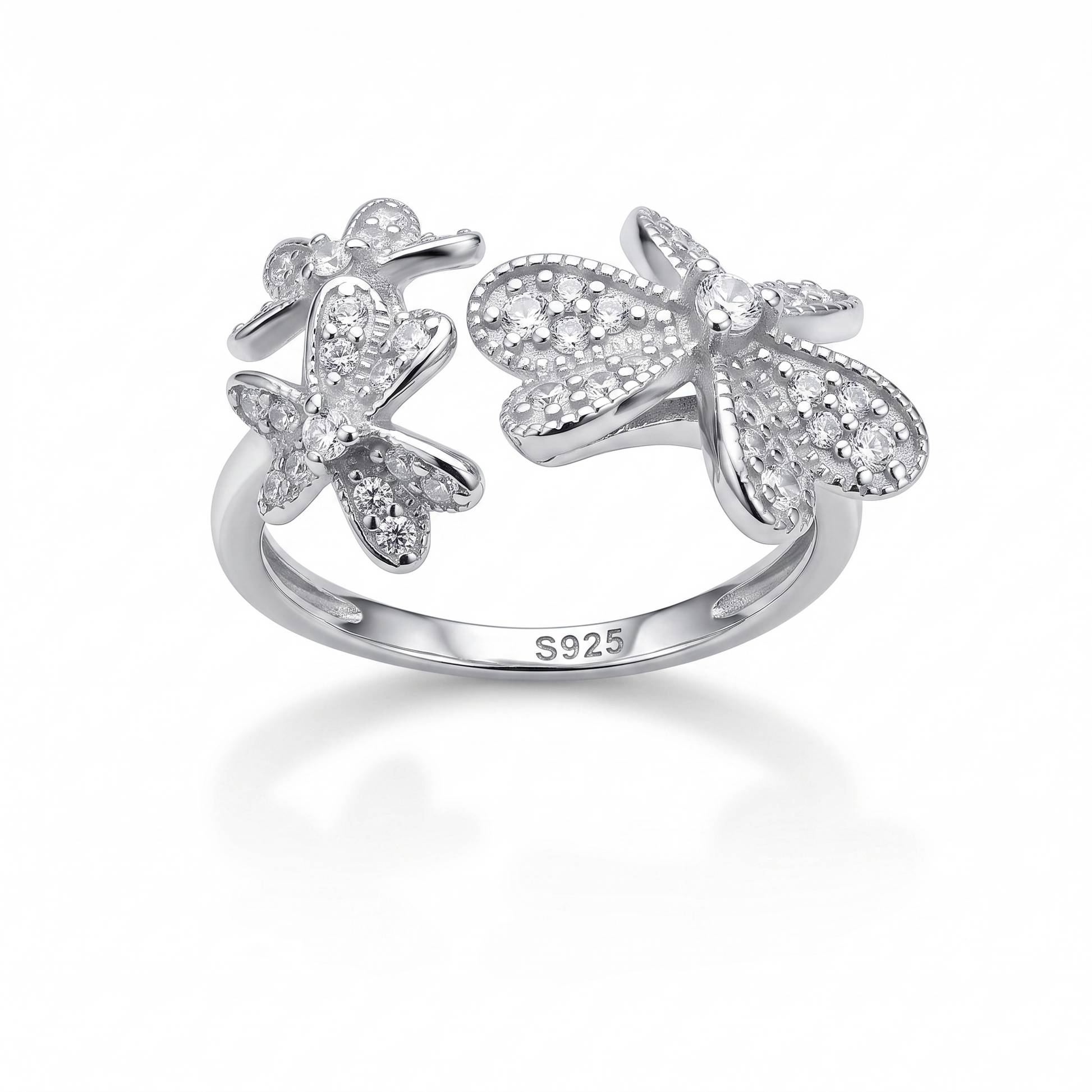 Silvme Butterfly Garden Open 925 sterling silver ring for women set with cubic zirconia — front view on white background