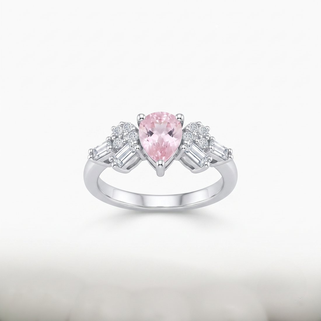Silvme Art Deco Pear Pink 925 sterling silver ring for women set with cubic zirconia — front view on white background