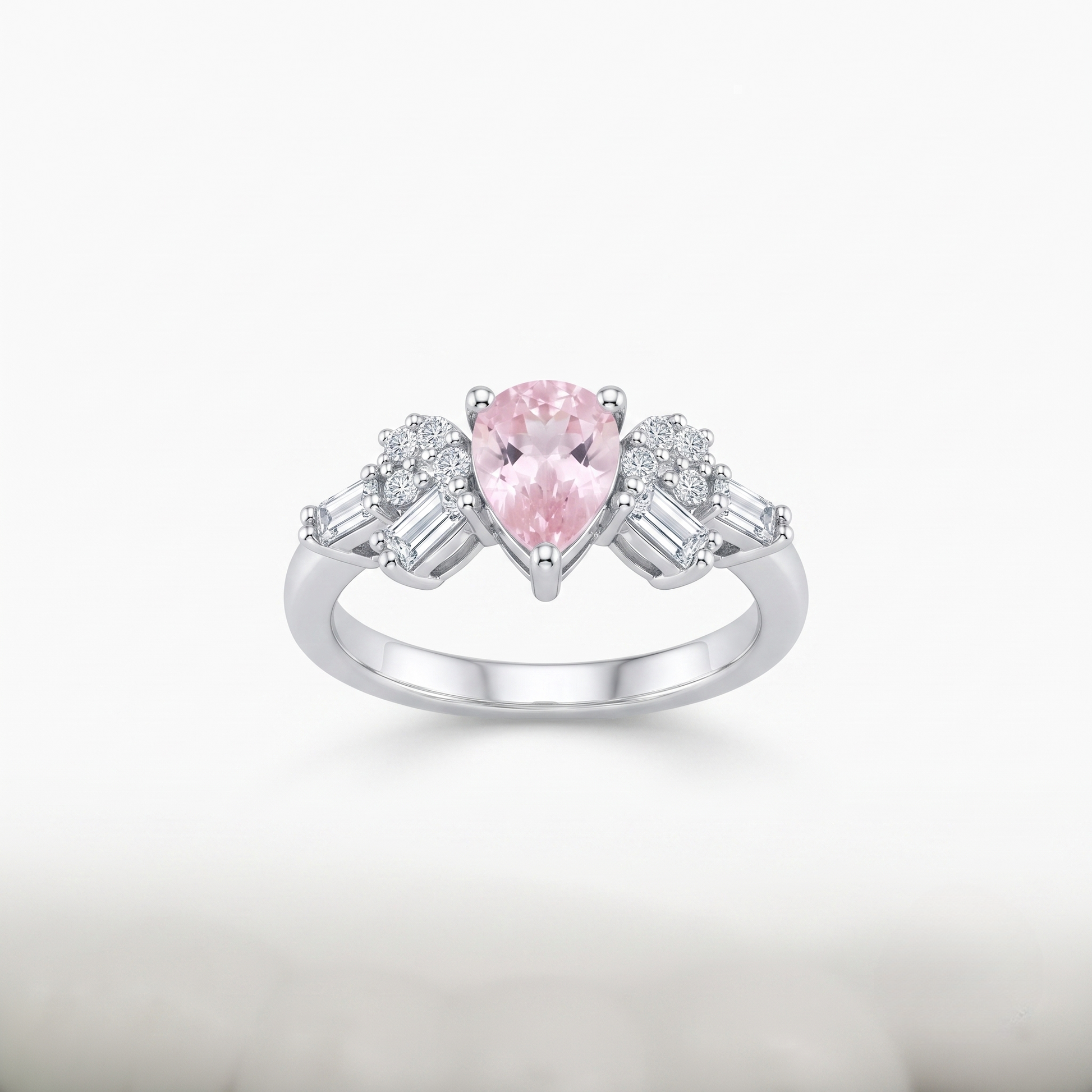 Silvme Art Deco Pear Pink 925 sterling silver ring for women set with cubic zirconia — front view on white background