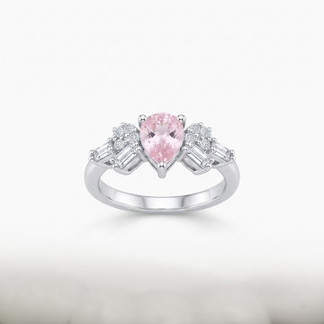 Silvme Art Deco Pear Pink 925 sterling silver ring for women set with cubic zirconia — front view on white background
