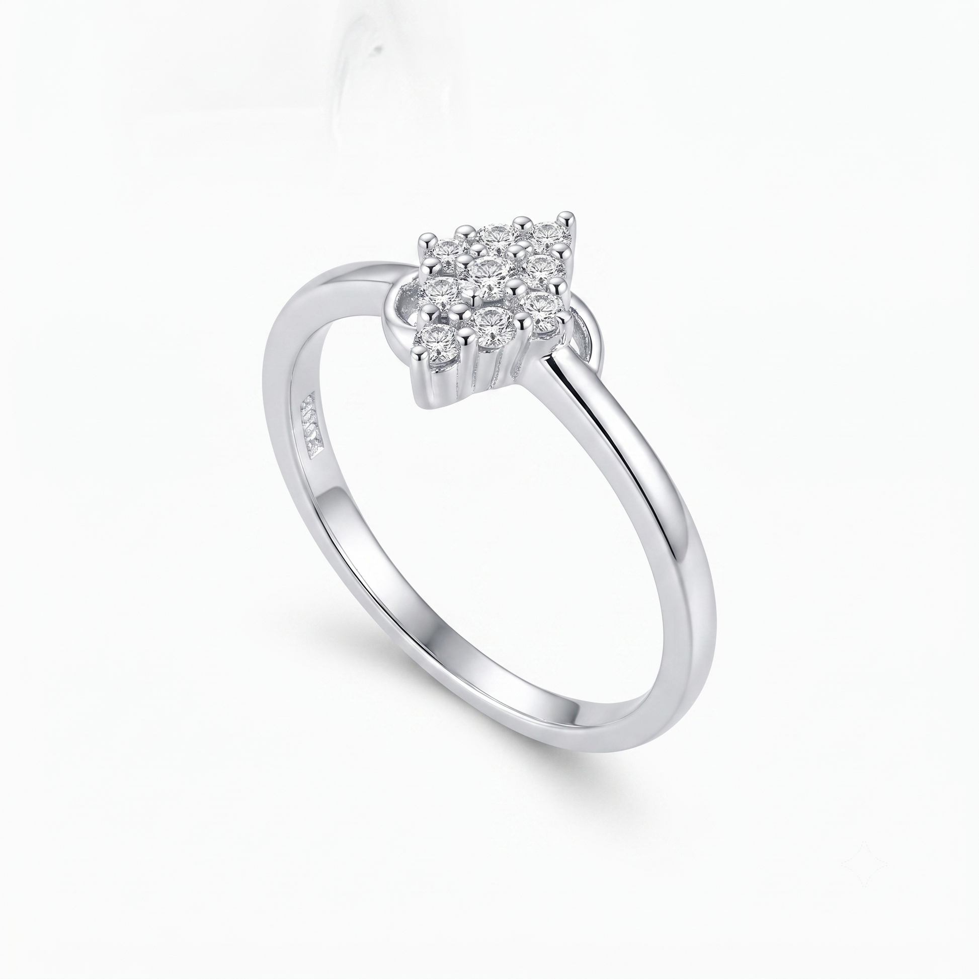 Silvme Navette Leaf Cluster 925 sterling silver ring for women set with cubic zirconia — front view on white background