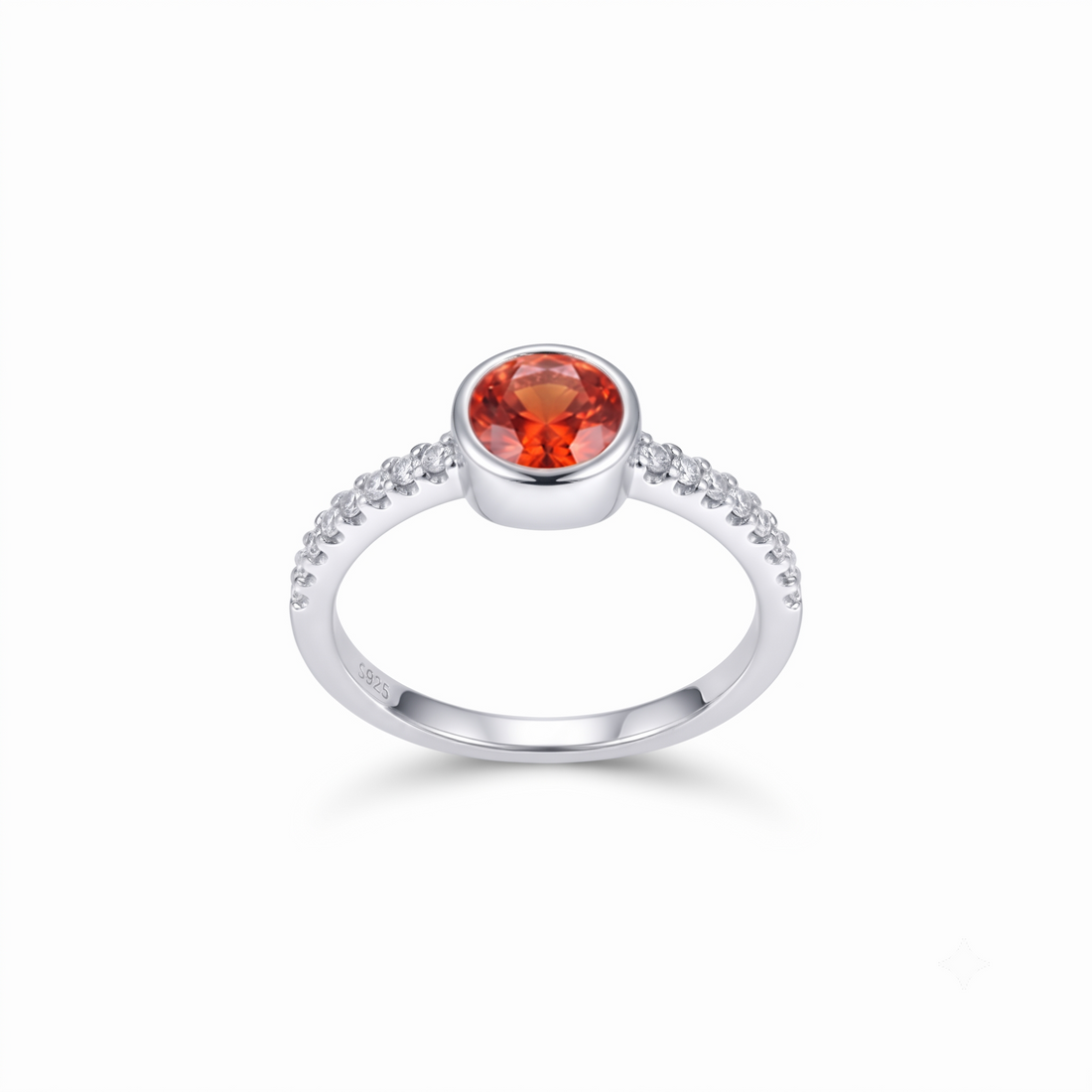Silvme Orange-Red Bezel Solitaire 925 sterling silver ring for women set with cubic zirconia — front view on white background