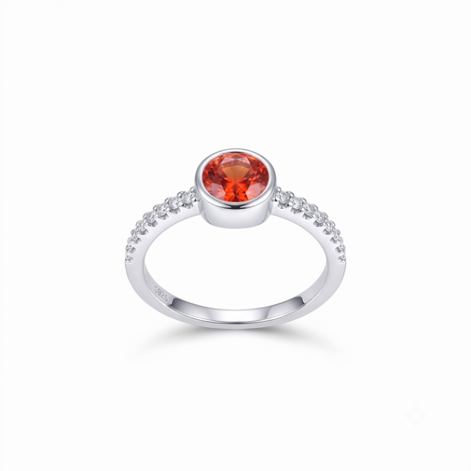 Silvme Orange-Red Bezel Solitaire 925 sterling silver ring for women set with cubic zirconia — front view on white background