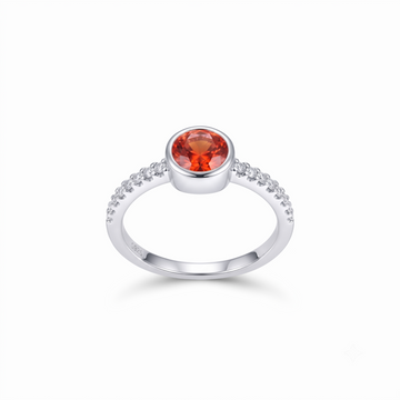 Silvme Orange-Red Bezel Solitaire 925 sterling silver ring for women set with cubic zirconia — front view on white background