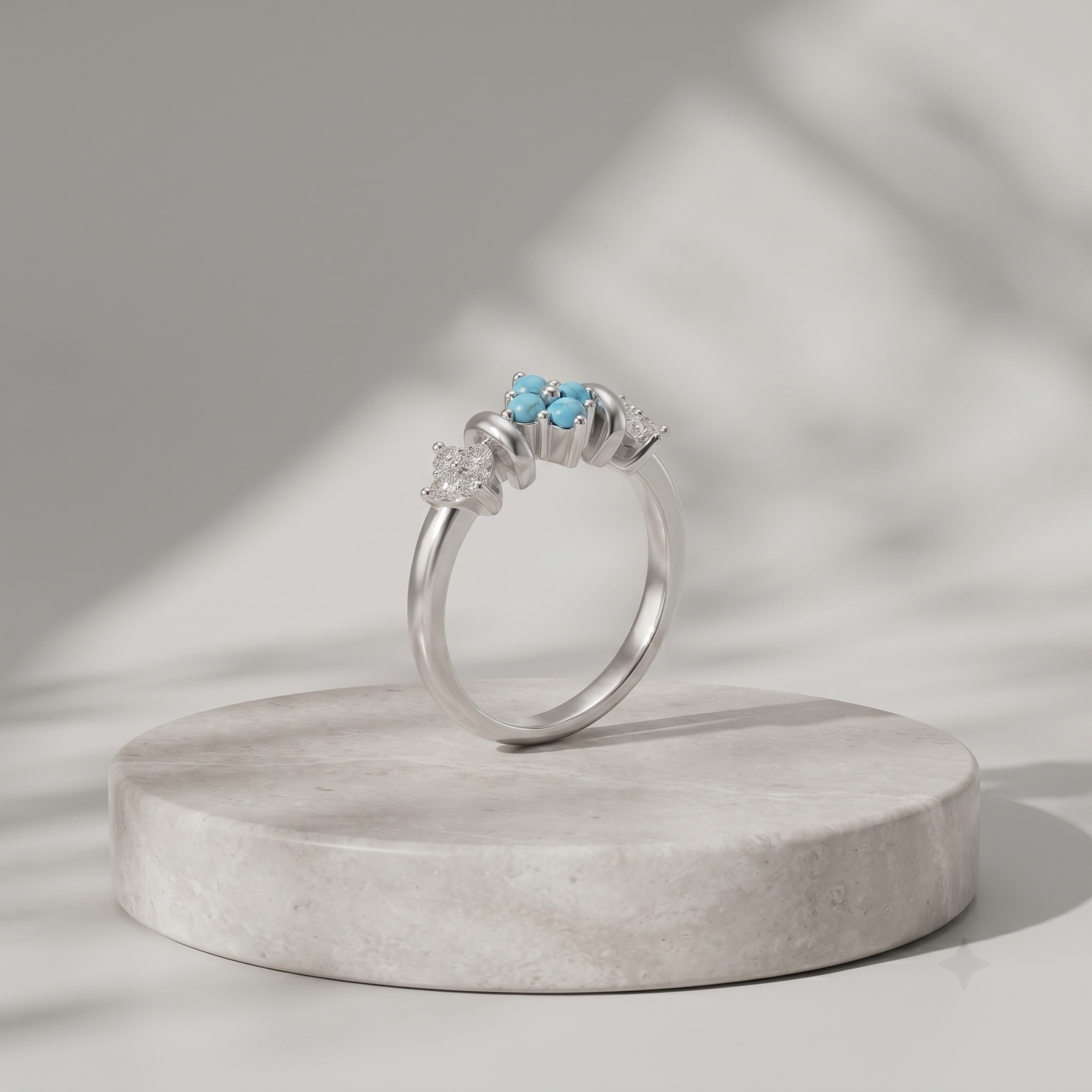 Silvme Turquoise-Colour Floral Cluster 925 sterling silver ring for women set with cubic zirconia — side profile (4)