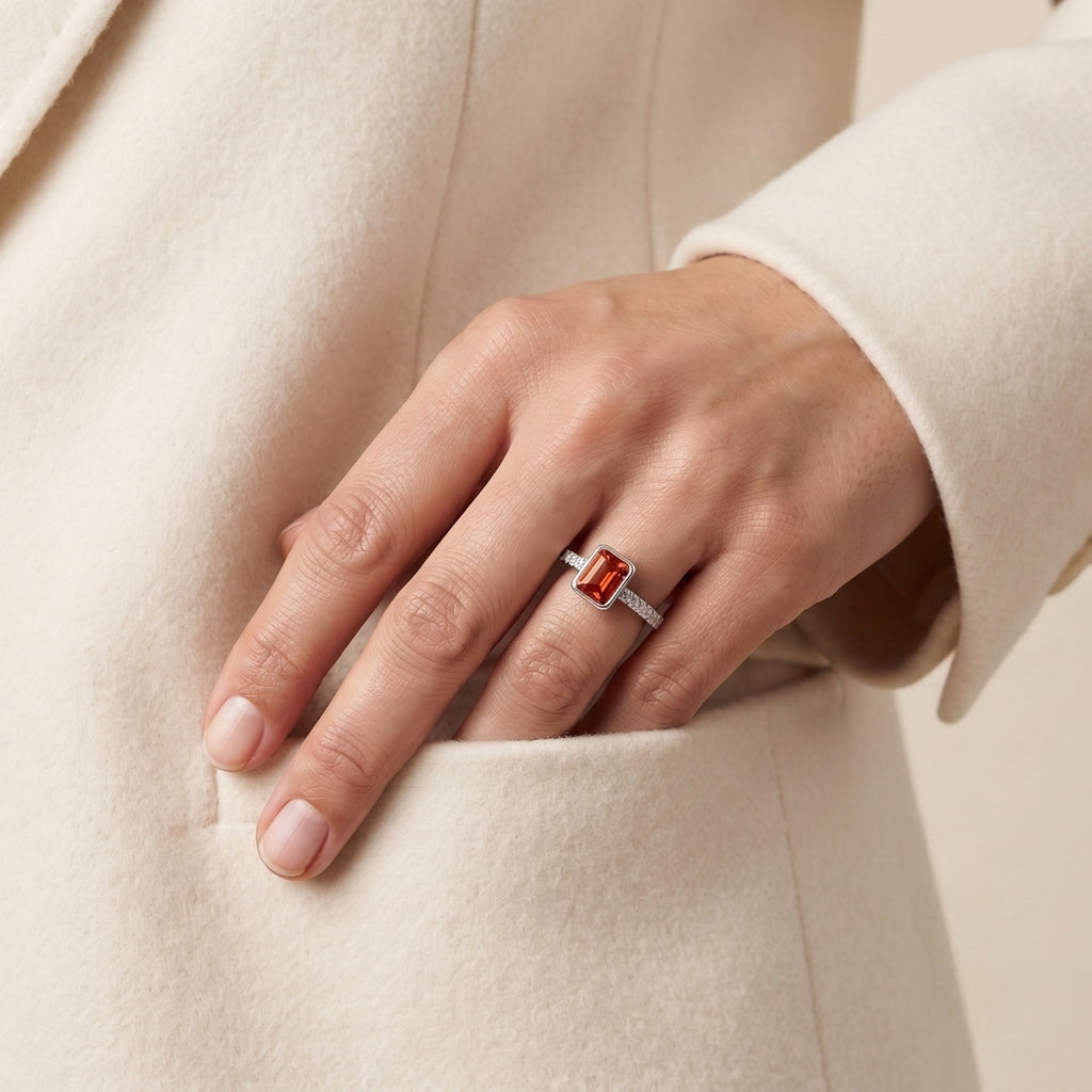 Silvme Emerald-Cut Orange 925 sterling silver ring for women set with cubic zirconia — studio detail shot