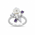 Silvme Purple Botanical Bloom 925 sterling silver ring for women with a pearl-effect accent — front view on white background
