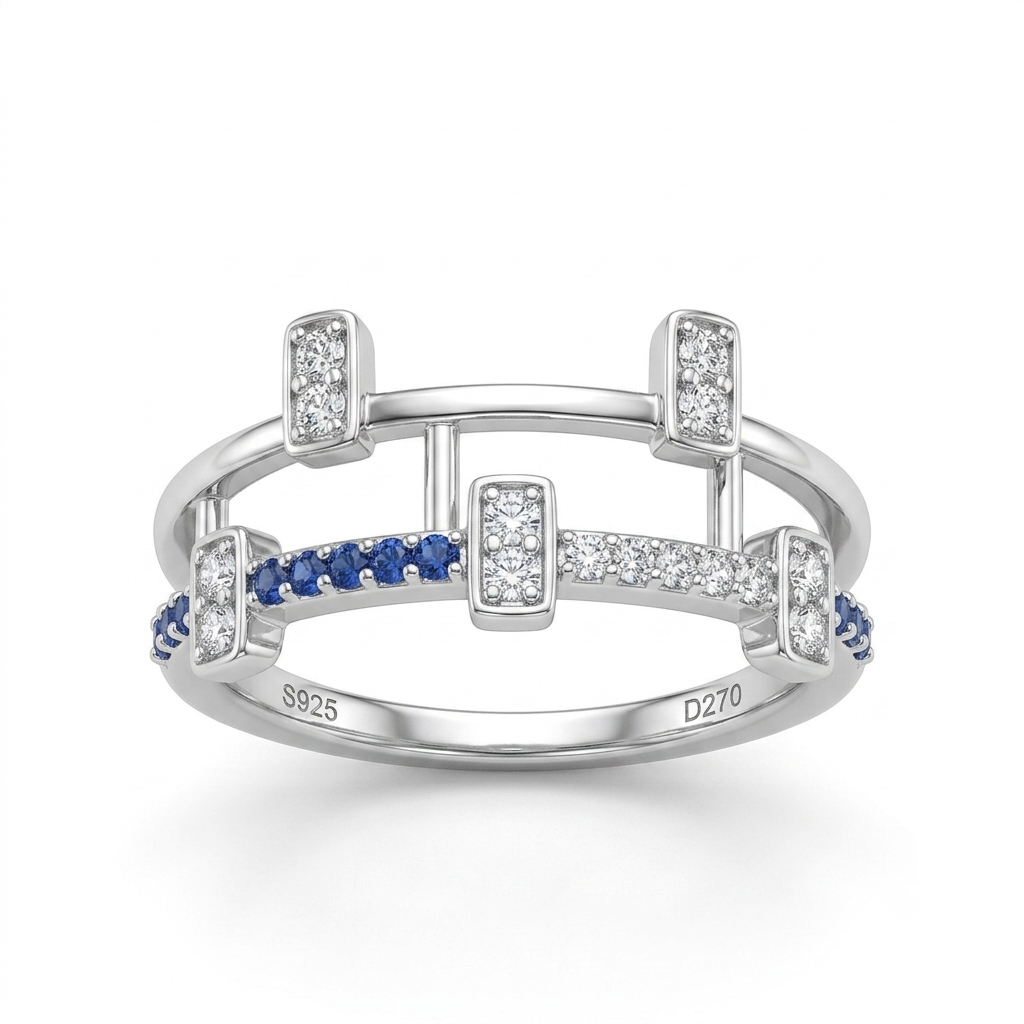 Silvme Blue Architectural Cage 925 sterling silver ring for women set with cubic zirconia — front view on white background