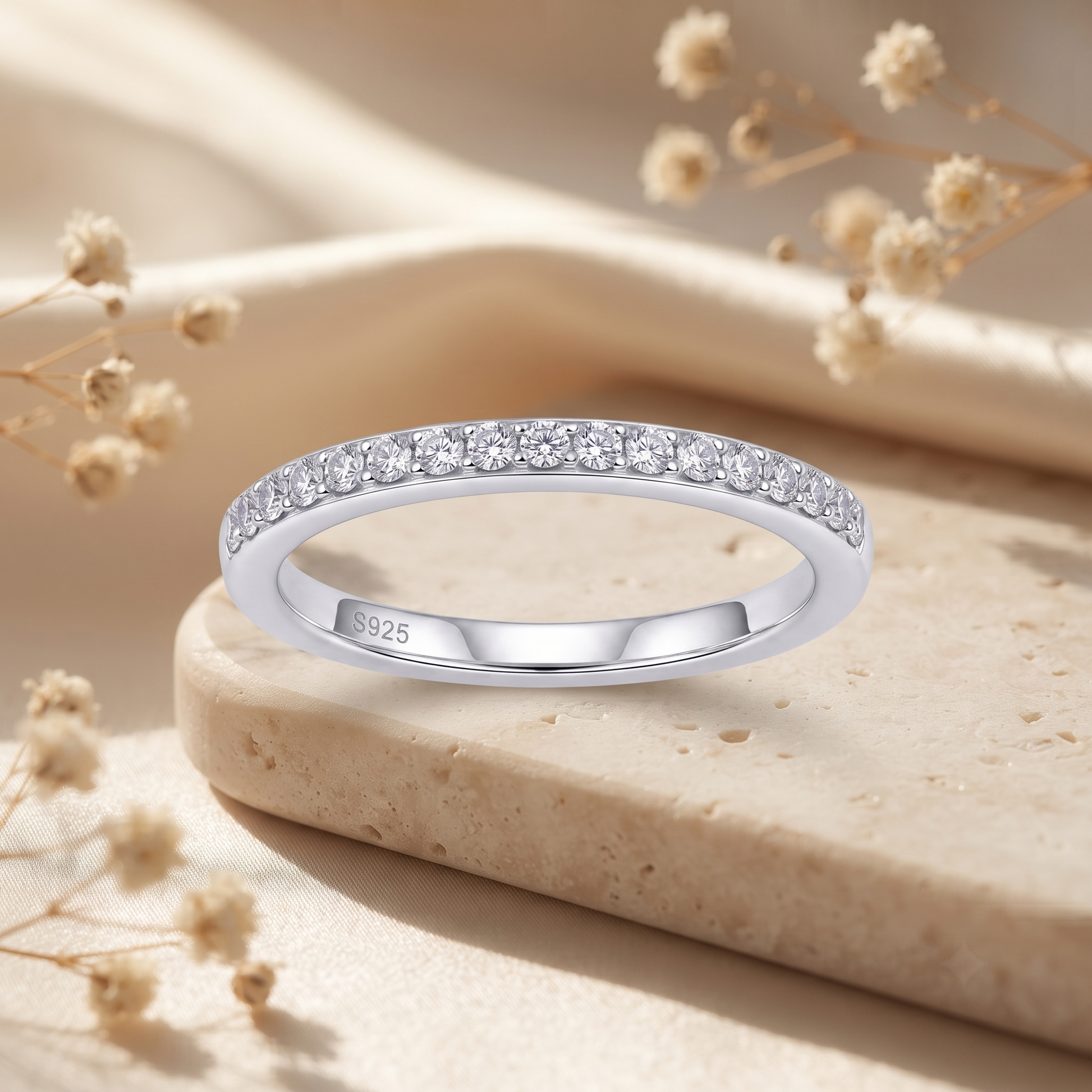 Silvme Clear CZ Half-Eternity 925 sterling silver ring for women set with cubic zirconia — close-up detail