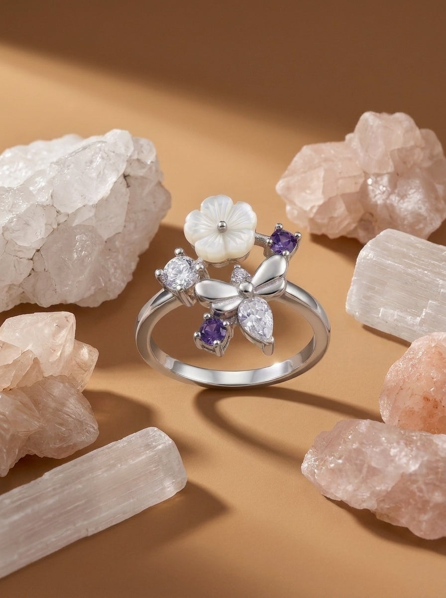 Silvme Purple Botanical Bloom 925 sterling silver ring for women with a pearl-effect accent — angled view