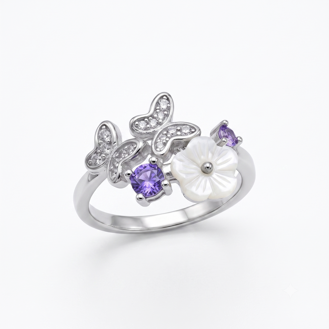 Silvme Butterfly Bloom Cluster 925 sterling silver ring for women with a pearl-effect accent — front view on white background