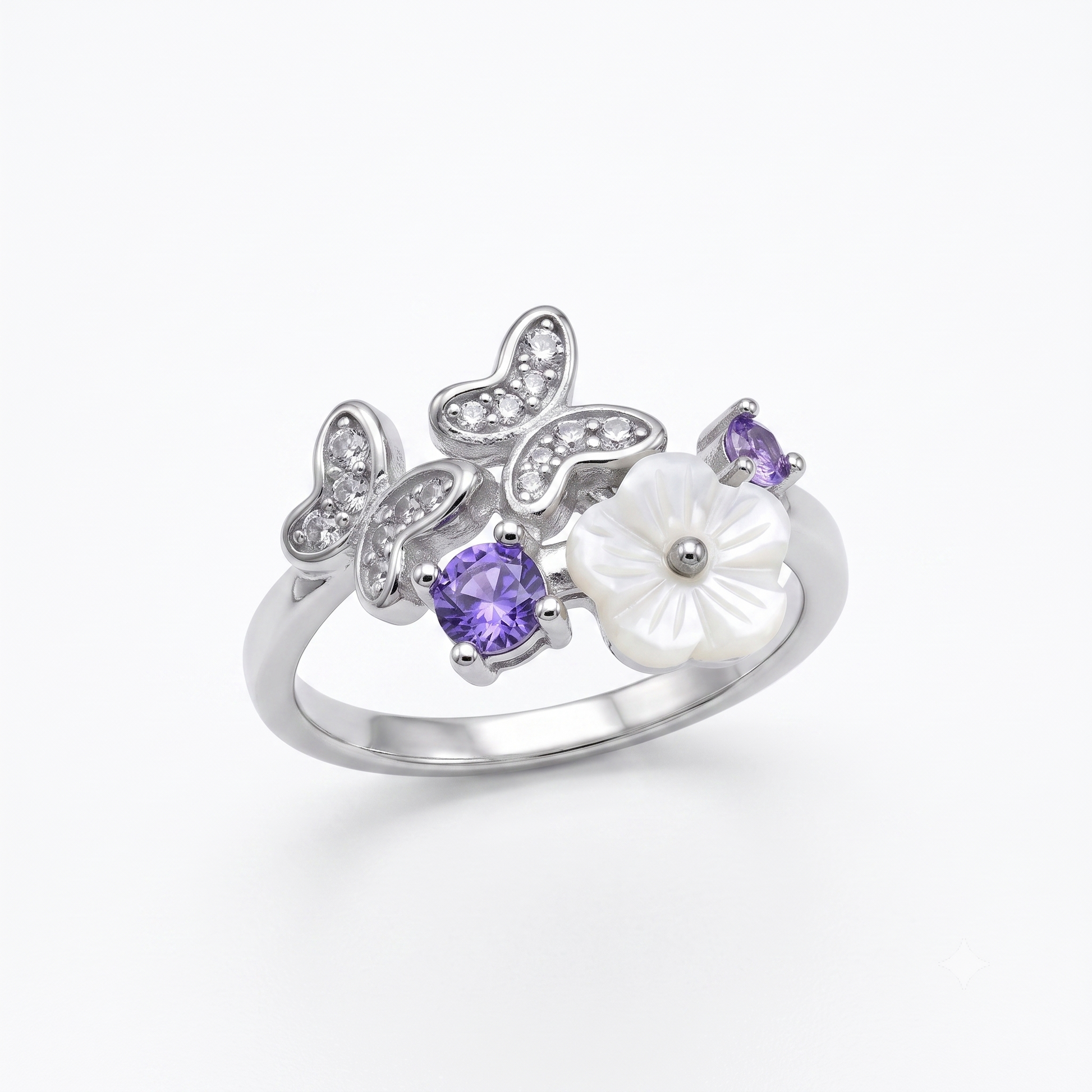 Silvme Butterfly Bloom Cluster 925 sterling silver ring for women with a pearl-effect accent — front view on white background