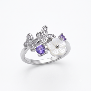 Silvme Butterfly Bloom Cluster 925 sterling silver ring for women with a pearl-effect accent — front view on white background