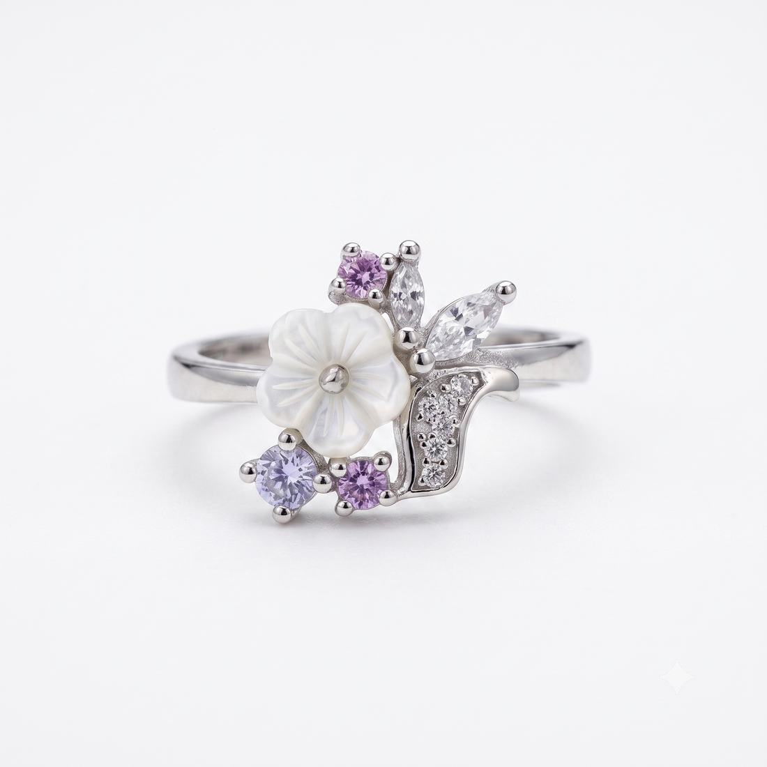 Silvme Pearlescent Leaf Bloom 925 sterling silver ring for women with a pearl-effect accent — front view on white background
