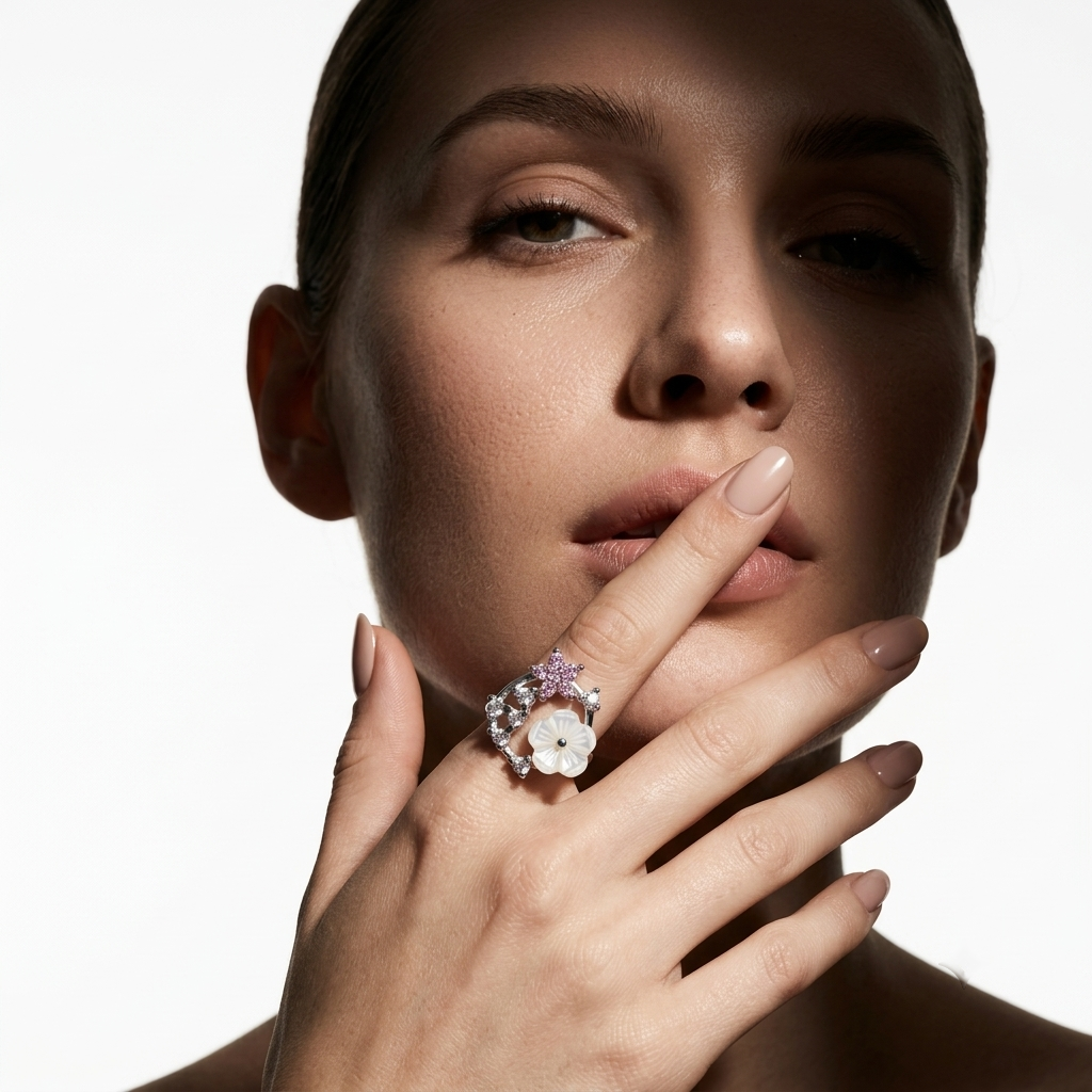 Silvme Butterfly Garden Wreath 925 sterling silver ring for women with a pearl-effect accent — worn on the finger (4)