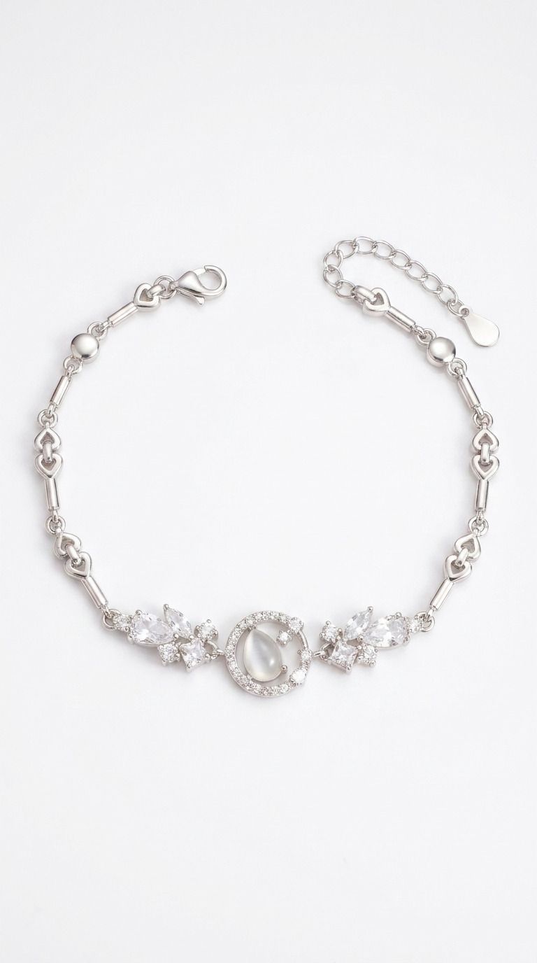 Silvme 925 Sterling Silver Floral Cubic Zirconia Bracelet for Women & Girls | Adjustable CZ Bracelet - Front View