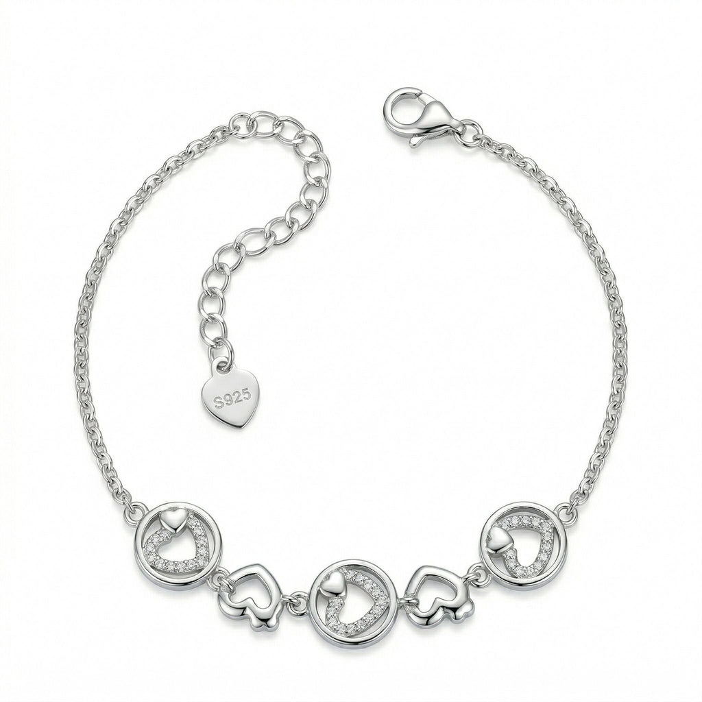 Silvme 925 Sterling Silver Heart & Charm Bracelet Set for Women | Adjustable Dainty Designer Bracelet - Front View
