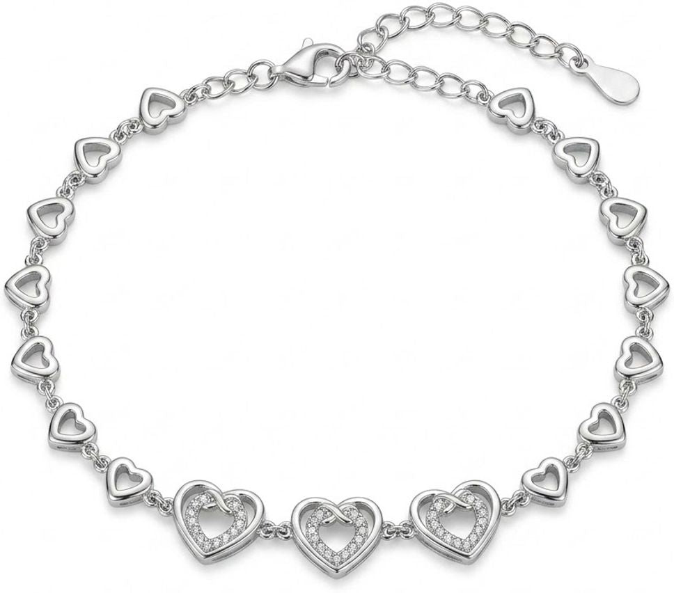Silvme 925 Sterling Silver Heart Link Bracelet for Women | Valentine CZ Charm Bracelet - Front View